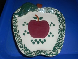RED APPLE Shape Green SPONGEWARE Pottery Flat Dish Raised Texture On Design - $20.47