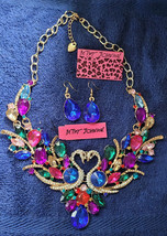 New Betsey Johnson Necklace Earring Set Swans Multicolor Rhinestones Bright Nice - £39.32 GBP