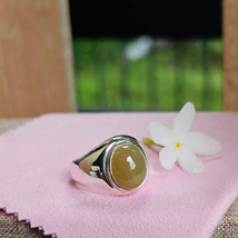Rare Yellow Honey Jade Ring Translucent 925 Silver Band Cz Natural Ring Size 58 - $169.00