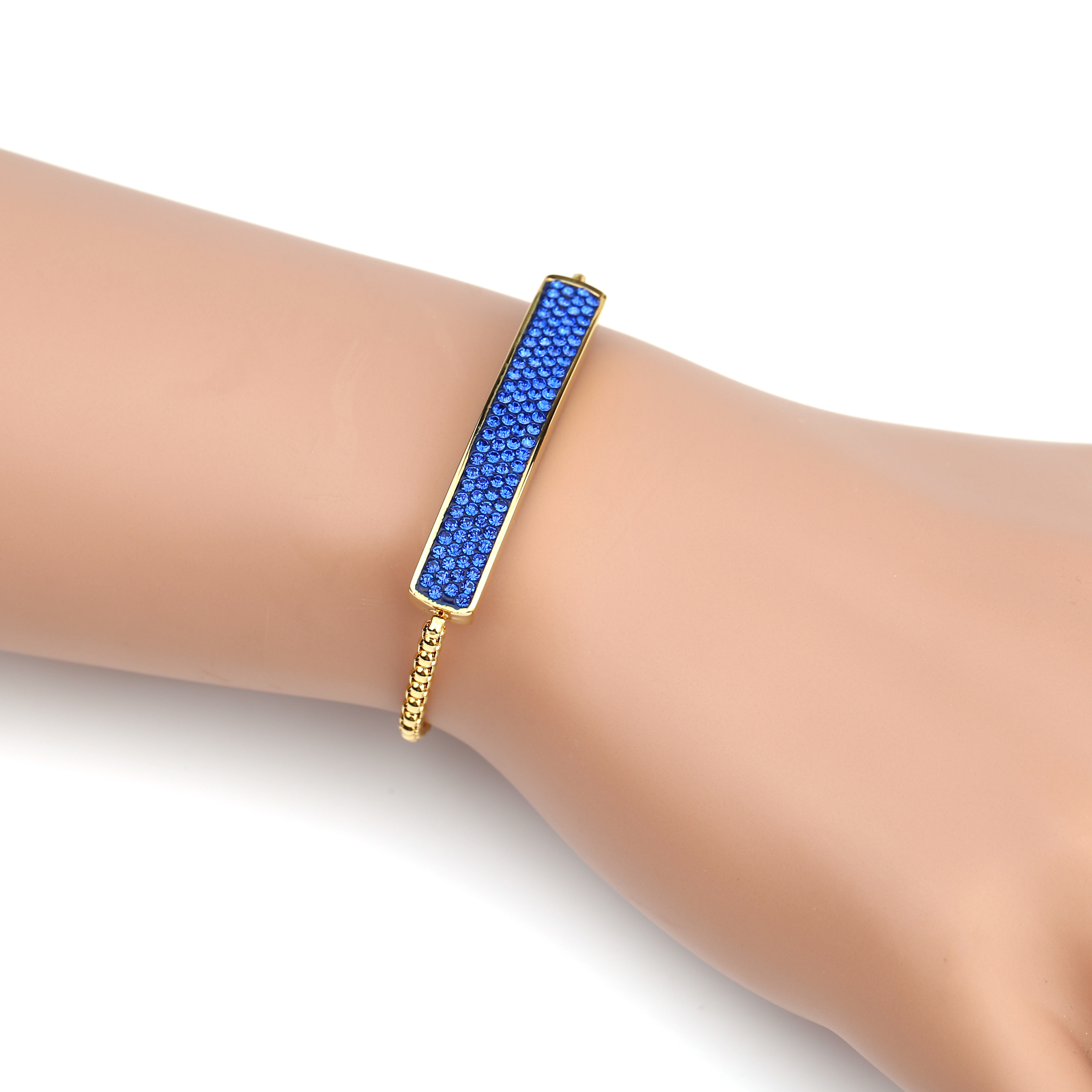 Gold Tone Bolo Bar Bracelet, Sapphire Blue Swarovski Style Crystals