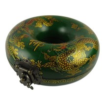 Vintage Chinese Donut Necklace Jewelry Box Green Lacquered With Dragon &amp;... - £25.21 GBP