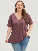 Bloomchic Solid Pleated Front Button Detail V Neck T-Shirt Knit Top Burgundy 26 - £15.24 GBP