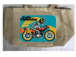 CAFE CANNABIS MARIJUANA BURLAP TOTE BAG #967 MOTORCYCLE SKELETON Reusabl... - £15.12 GBP