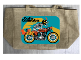 CAFE CANNABIS MARIJUANA BURLAP TOTE BAG #967 MOTORCYCLE SKELETON Reusabl... - $18.95