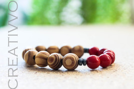 Red Coral and Wooden Beads Coral Bracelet bracelet 8 mm, Mens Beaded Bra... - £12.75 GBP