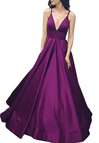 Spaghetti Straps Deep V Neck A Line Long Formal Prom Evening Dress Purple US 10
