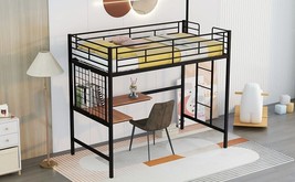 Twin Metal Loft Bed with Desk and Metal Grid - Black - £242.85 GBP