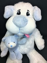 Petting Zoo White Puppy Dog Sad Eyes holds Blue Teddy Bear Stuffed Plush Toy 15&quot; - £31.85 GBP