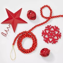 Wondershop 10ct Christmas Tree Ornament Set Red Star Bells Garland Snowf... - £15.92 GBP
