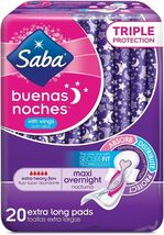Saba Buenas Noches Maxi Pads Overnight with Wings, 3 Packs (60 Count Tot... - $256.33 MXN
