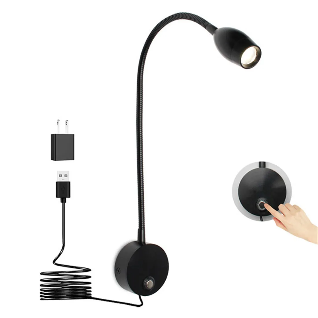 LED Wall Reading Light Touch Switch Dimmable Gooseneck Plug in USB Lighting for - £21.15 GBP