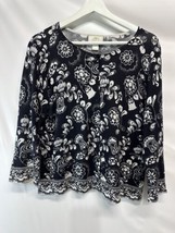 Ann Taylor Loft Pima Cotton Cardigan Sweater Black White Floral L - £13.21 GBP