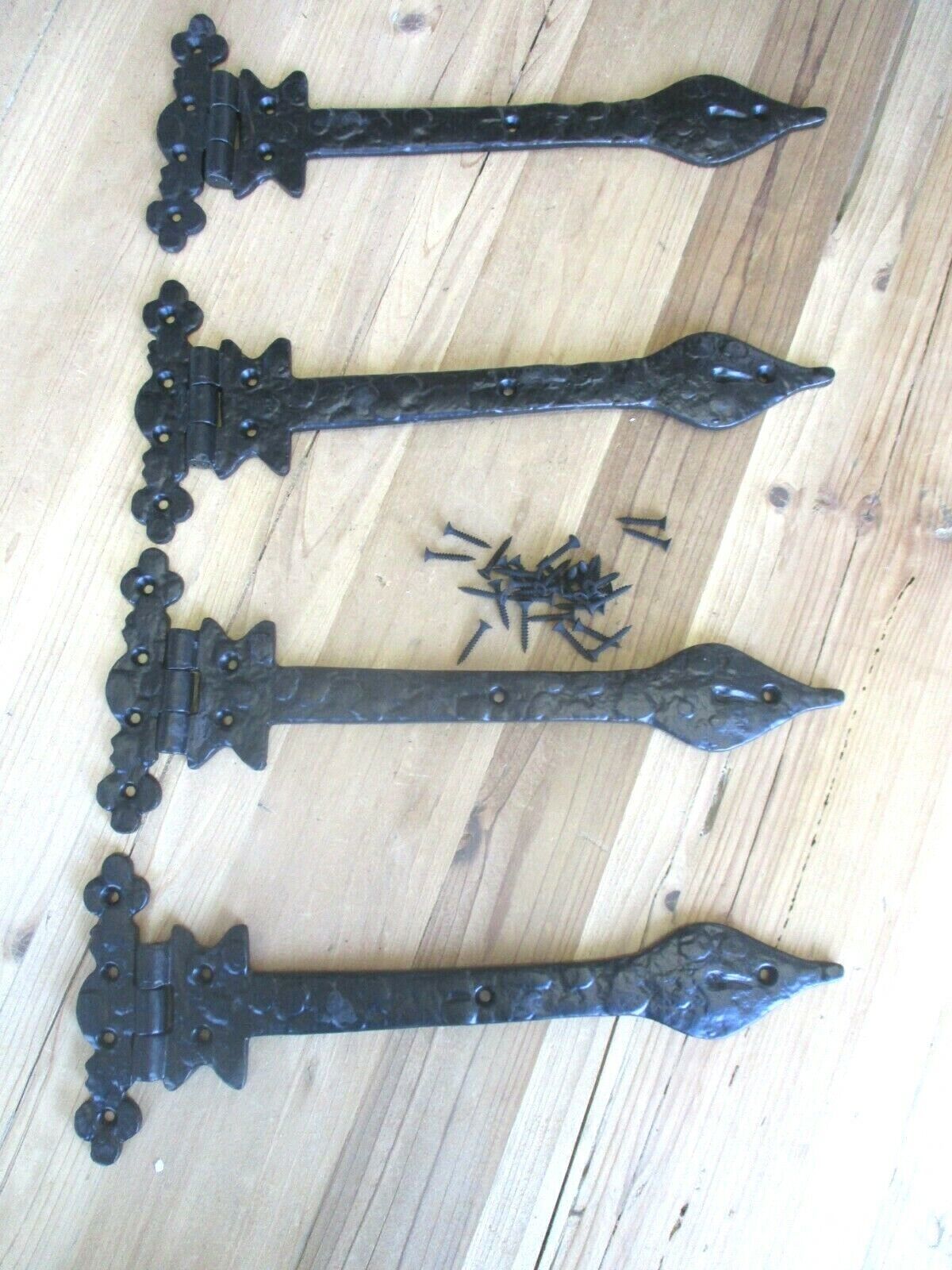 4 LARGE IRON CABINET HINGES ORNATE 13&quot; HINGE T STRAP HARDWARE GATE EX LARGE - $47.99