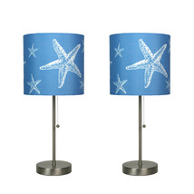 Brushed Nickel Finish Coastal Table Lamp With Blue Starfish Shade Set of 2 - $98.98