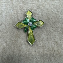 Vintage Green Cross Shamrock Clover St. Patricks Clear Rhinestone Enamel... - $13.99