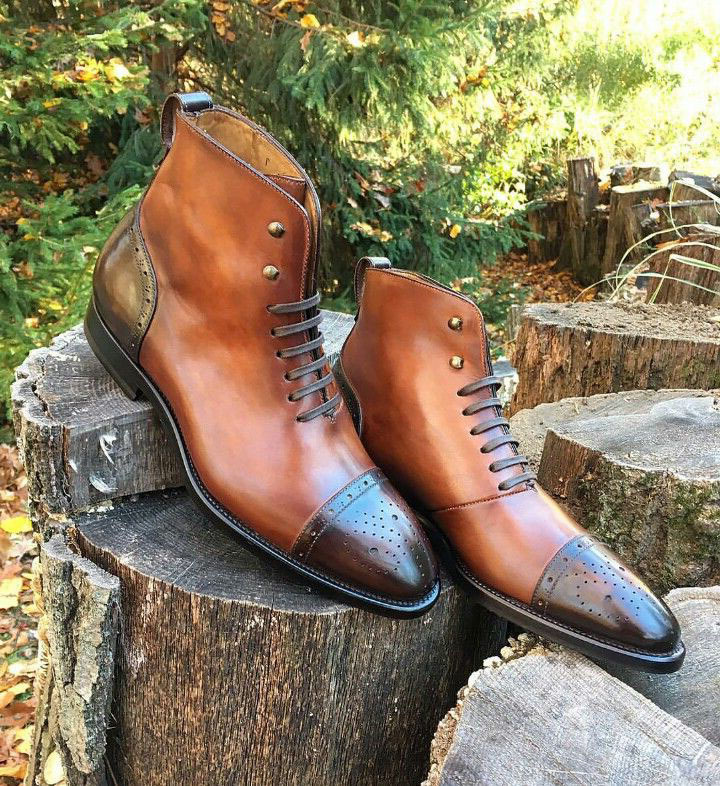 NEW Handmade Men's Brown Leather boot, Men's Lace up Cap Toe Ankle High Fashion