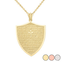 14k Solid Gold The Lord’s Prayer Shield Medallion Pendant Necklace - Yellow  - £370.27 GBP+