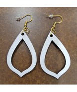 Homemade Laser Cut Wood Earrings Teardrop, Gold Post, Shimmery White - $13.58 CAD