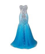 Kivary Mermaid Long Crystals Beaded Tulle Prom Dresses Evening Gowns Blue Plus S - £156.44 GBP