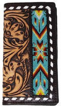 Men&#39;s Western Antique Floral Tooled Leather Beaded Inlay Rodeo Wallet 18... - $46.52