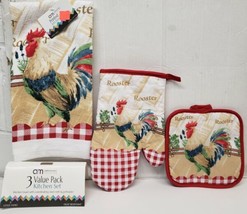 3Pc Printed Kitchen Set:1 Pot Holder 1 Towel &amp;1 Oven Mitt Rooster At The Gate Ho - £20.76 GBP