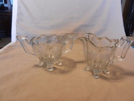 Clear Cut Glass Creamer &amp; Sugar Set With Etched Flowers and Handles - £40.06 GBP