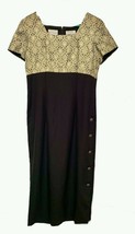 Black Cocktail Dress w Gold Brocade &amp; Buttons, Karin Stevens, Ankle Leng... - $44.32