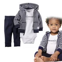 Spring Newborn Baby Boy Hooded Cardigan Romper Pants 3PCS Outfits Set Clothes - £12.59 GBP
