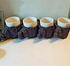 Set of 4 Purple Elephant Rattan Basket Mug Holders / White Ceramic Cups - £36.01 GBP