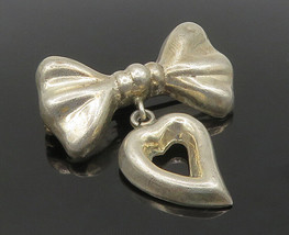 MEXICO 925 Silver - Vintage Shiny Ribbon Bow&amp; Love Heart Brooch Pin - BP7111 - £44.72 GBP