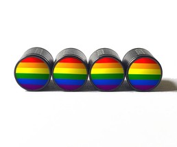 LGBT Rainbow Pride Flag - 6 Color - Tire Valve Stem Caps - Black Aluminum - Set  - £12.63 GBP