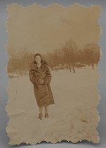Vintage Black &amp; White Sepia Photograph 1940&#39;s Woman Standing In Snow - £19.46 GBP