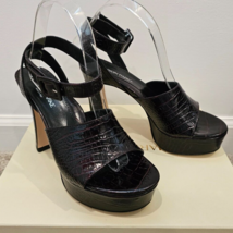 MARION PARKE Black Gigi Crocodile Embossed Ankle Strap Platform Sandals ... - $325.00