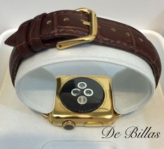 24K Gold Plated 42MM Apple Watch SERIES 2 Crocodile Brown Leather Gold Buckle - £531.65 GBP