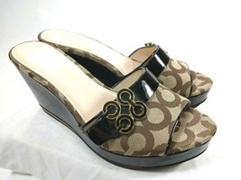 Coach Geri Size 8.5 B Wedge Sandals Signature Canvas Patent Leather Brown Tan - £35.61 GBP