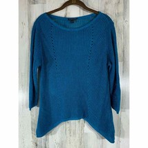 Eileen Fisher Sweater Petite Large 100% Linen Open Knit Teal Blue Asymmetrical - £18.67 GBP