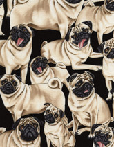 Pugs Fawn Pug Dogs Puppies Pets Animals Black Cotton Fabric Print BTY D770.38 - £23.76 GBP