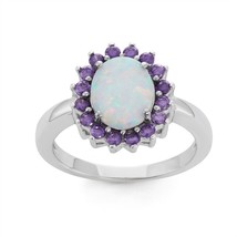 Sterling Silver White Inlay Opal Oval with Amethyst CZ Border Ring - £49.62 GBP
