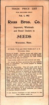 1912 vintage Ross Bros. Co. Worchester, Mass. Seed PRICE LIST BROCHURE - £14.92 GBP