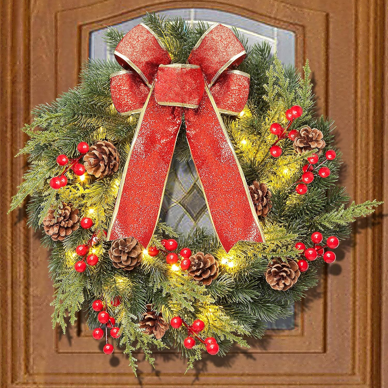 Christmas Wreath 16 Inches, with Metal Hanger, Pre-Lit Artificial Christmas Fron Item image 3