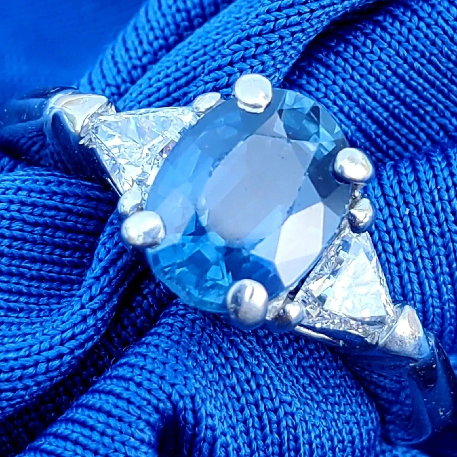 Earth mined Sapphire Diamond Deco Engagement Statement Ring Platinum Solitaire Item image 6