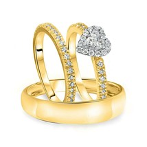 0.35Ct Real Moissanite Heart Bridal Trio Ring Set Wedding 14K Yellow Gold Plated - £106.77 GBP