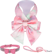 Pink Cute Bow Tie Dog Harness Leash and Bowknot Collar Set, No Pull Gradient Rai - £17.80 GBP