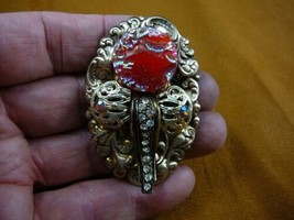 (Z-24-2) Red pink Czech glass button stone elephant head brass pin brooch - £20.09 GBP