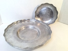 Lot 2 Vtg Aluminum Hand Wrought - Lg Round Tray And Bowl Serving Dish Scalloped - £11.73 GBP