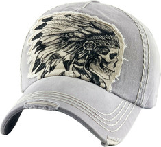 Native American Indian Chief Skull Vintage Distressed Gray Cap Hat by KB ETHOS - £15.13 GBP
