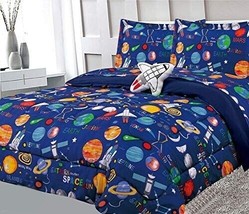 Twin Bed Navy Blue Orange Green Space Planets Rocket Plush 6 pc Comforter Set - £127.61 GBP