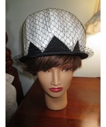 Vtg. BLACK &amp; WHITE Ladies DOME or BUCKET HAT with Netting &amp; Bow-- 21-5/8... - £15.75 GBP