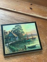Vintage Small Mini Cottage Along Lake Print Wood Plaque – 3.25 x 2.75 in... - $12.19
