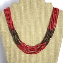 Multi-Strand Bohemian Beaded Red Brown Gold Tone Adjustable Length Necklace - £11.95 GBP